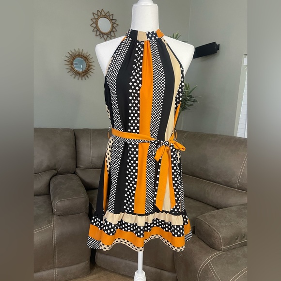 NEW Orange Black White Tan Patterned Sleeveless Shift Dress Sz L Fall Fashion - Picture 5 of 8